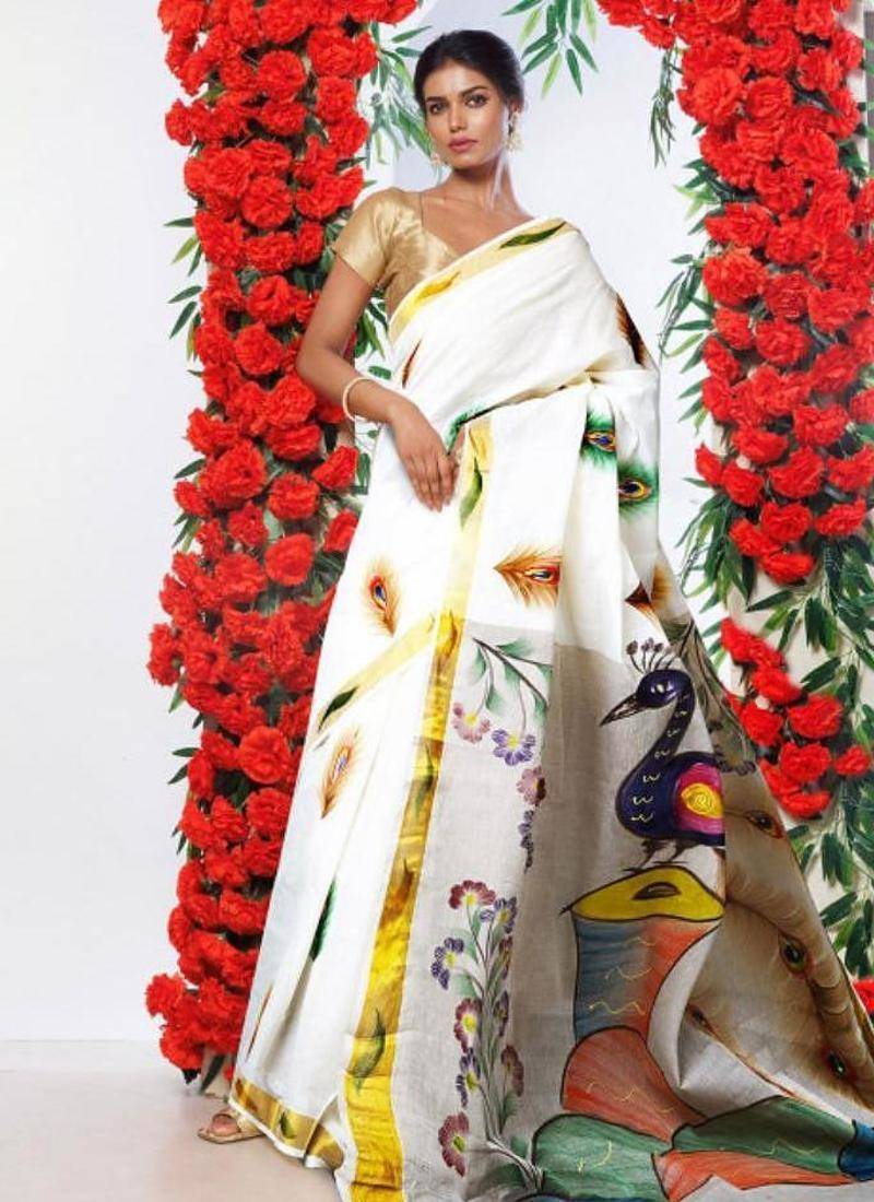 Women ethnic motifs printed zari traditional kasavu saree