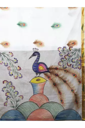 Women ethnic motifs printed zari traditional kasavu saree