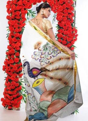white zari kasavu saree with printed ethnic motifs 4