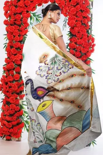 Women ethnic motifs printed zari traditional kasavu saree