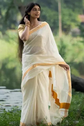 Woven design zari pure cotton kasavu saree