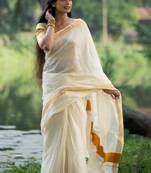 Woven design zari pure cotton kasavu saree
