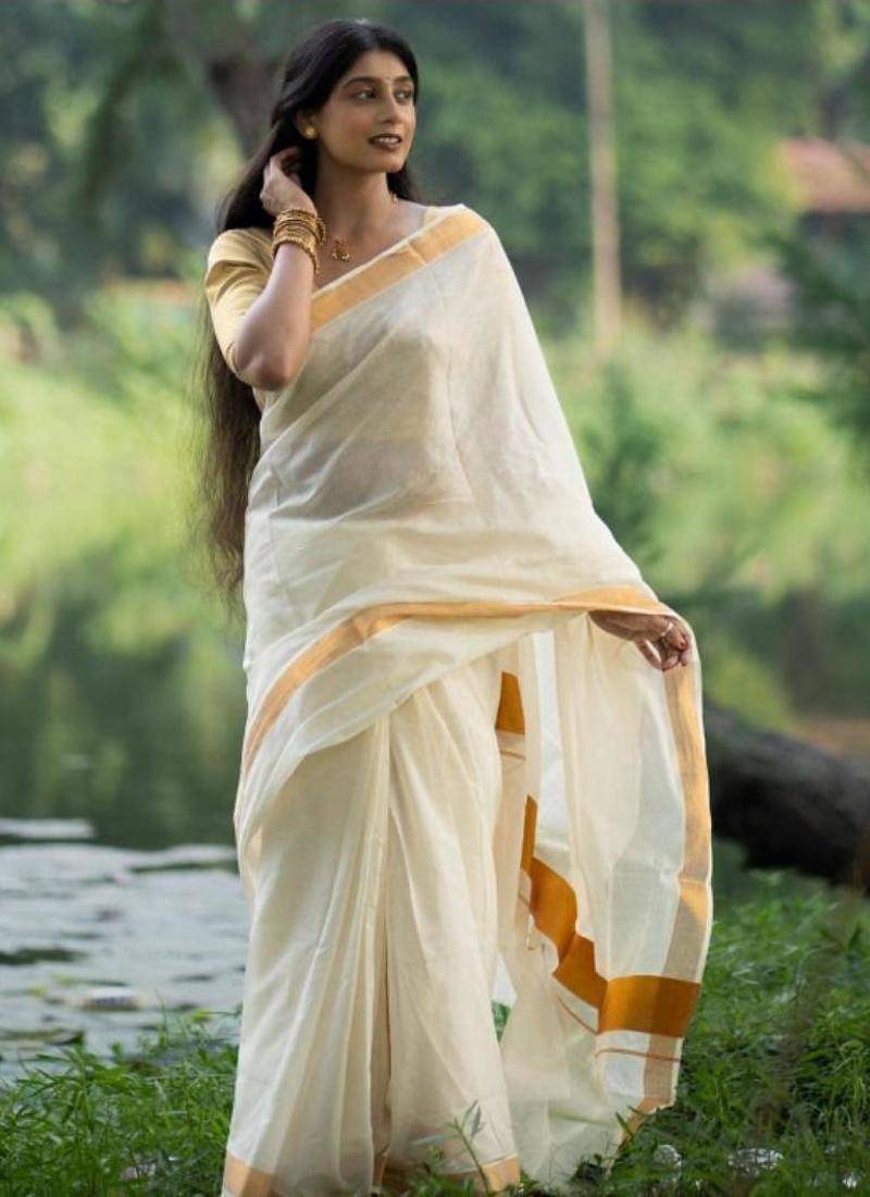 Woven design zari pure cotton kasavu saree