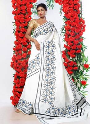 white floral printed woven design traditional kasavu saree 1