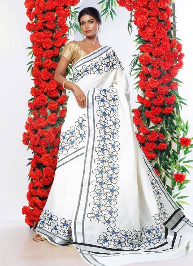 Women floral printed woven design traditional kasavu saree