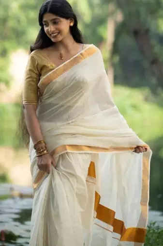 Woven design zari pure cotton kasavu saree