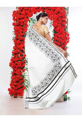 white floral printed woven design traditional kasavu saree 4
