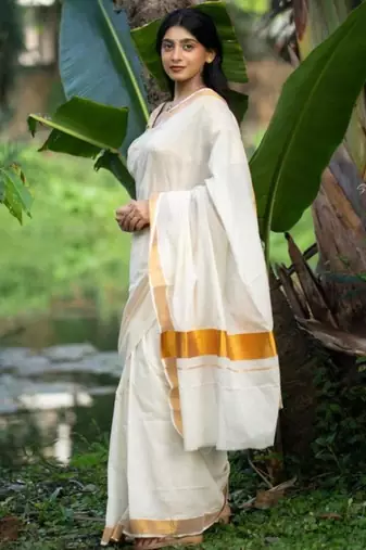 Woven design zari pure cotton kasavu saree