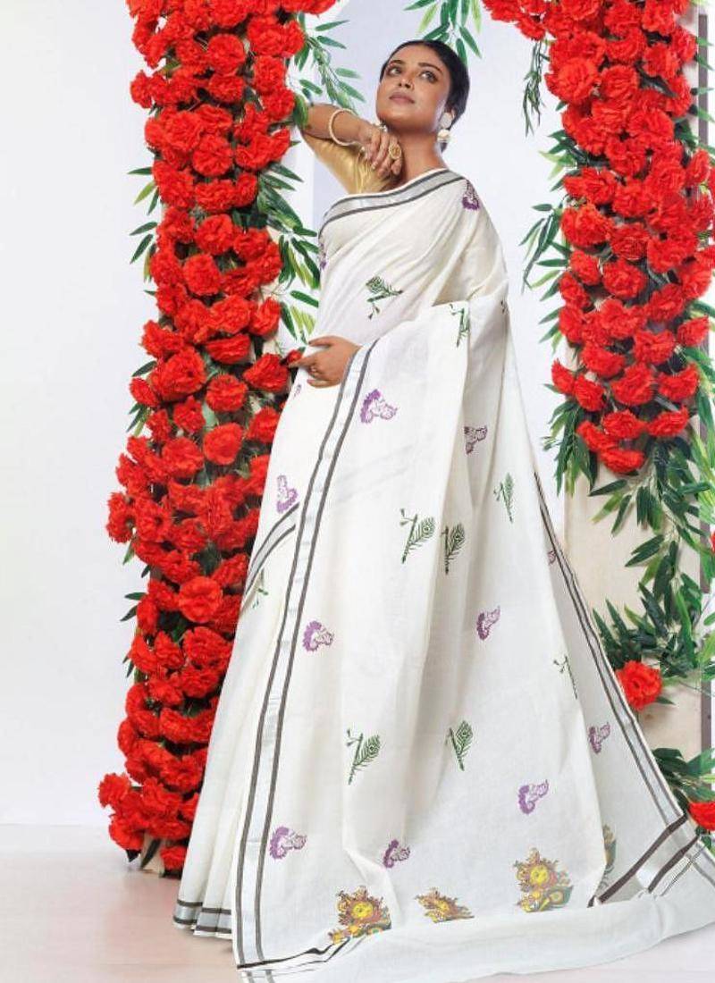 Ethnic motifs zari pure cotton kasavu saree