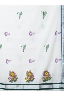 cream embroidered cotton kasavu saree with peacock motifs 3