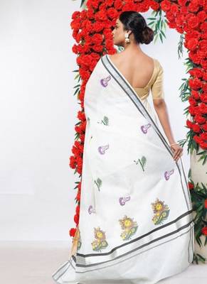 cream embroidered cotton kasavu saree with peacock motifs 4