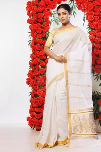 Woven design pure cotton kasavu saree