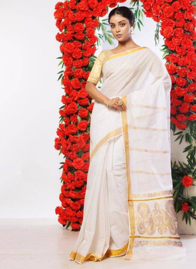 Woven design pure cotton kasavu saree