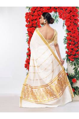 cream color pure cotton kasavu saree with woven design 4