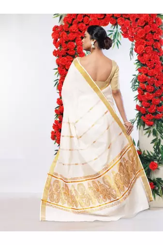 Woven design pure cotton kasavu saree