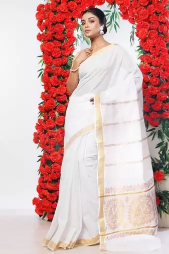 Woven design zari pure cotton kasavu saree