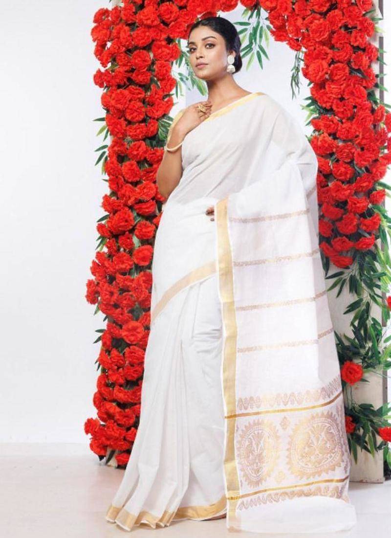 Woven design zari pure cotton kasavu saree