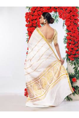 cream color zari woven pure cotton kasavu saree 4