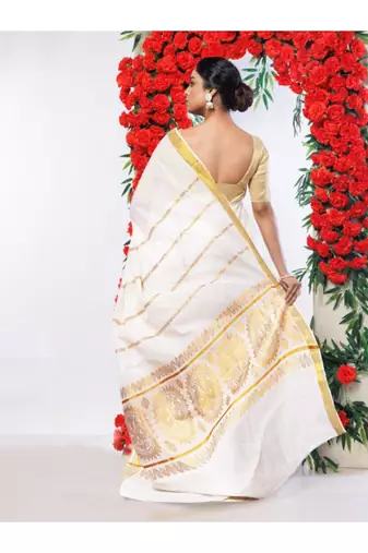 Woven design zari pure cotton kasavu saree