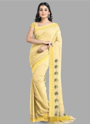 gold color pure cotton kasavu saree with zari work 1