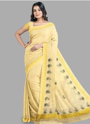 gold color pure cotton kasavu saree with zari work 3