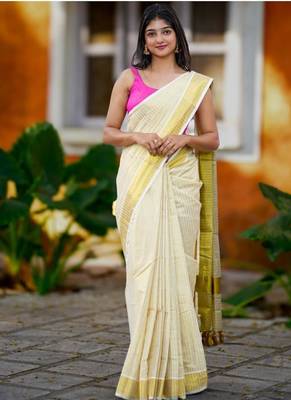white checked zari work cotton kasavu saree 1