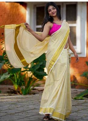white checked zari work cotton kasavu saree 3
