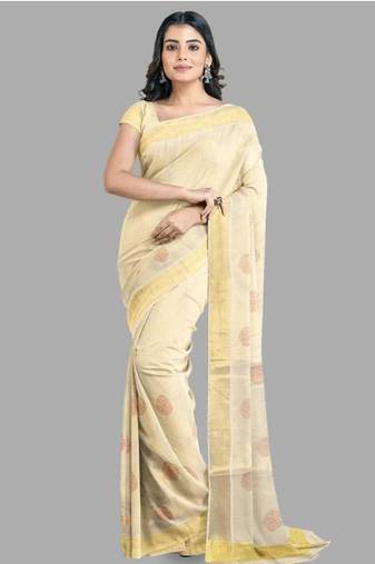 cream motif zari pure cotton kasavu saree with golden border