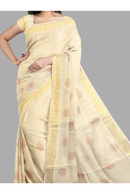 cream motif zari pure cotton kasavu saree with golden border 2
