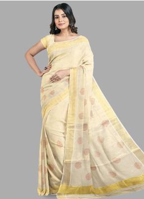 cream motif zari pure cotton kasavu saree with golden border 3