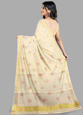 cream motif zari pure cotton kasavu saree with golden border 4
