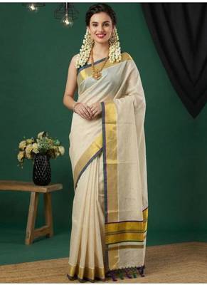 off white color pure cotton kasavu saree 1