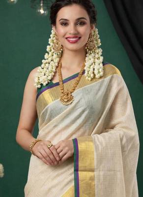 off white color pure cotton kasavu saree 3