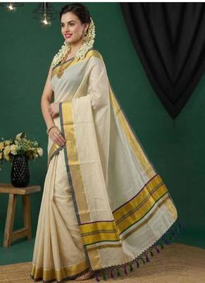 off white color pure cotton kasavu saree 4