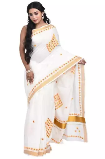 White kerala with daisy design floral hand embroidery cotton saree