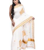 White kerala with daisy design floral hand embroidery cotton saree