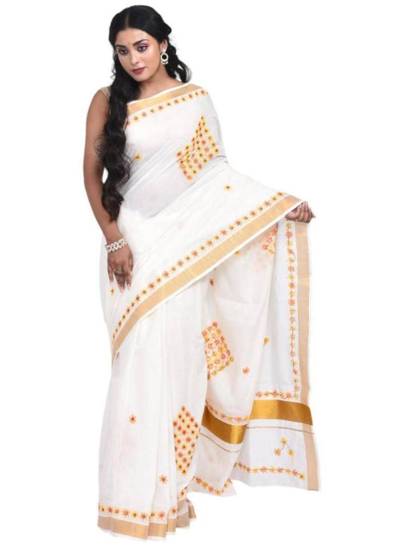 White kerala with daisy design floral hand embroidery cotton saree