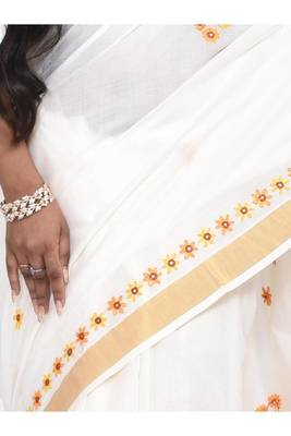 white hand embroidery cotton kerala style saree 2