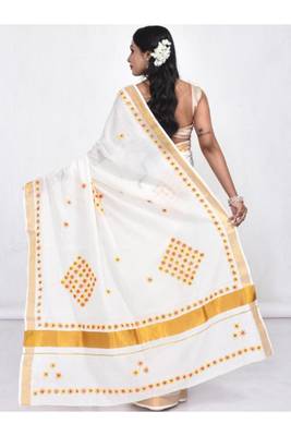 white hand embroidery cotton kerala style saree 3