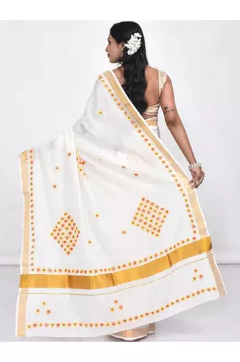 White kerala with daisy design floral hand embroidery cotton saree