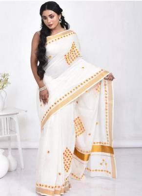 white hand embroidery cotton kerala style saree 4