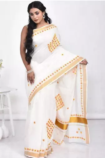 White kerala with daisy design floral hand embroidery cotton saree