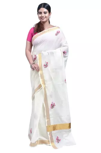White kerala cotton flower design hand embroidery tulip saree
