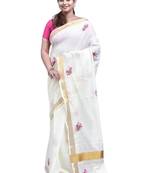 White kerala cotton flower design hand embroidery tulip saree
