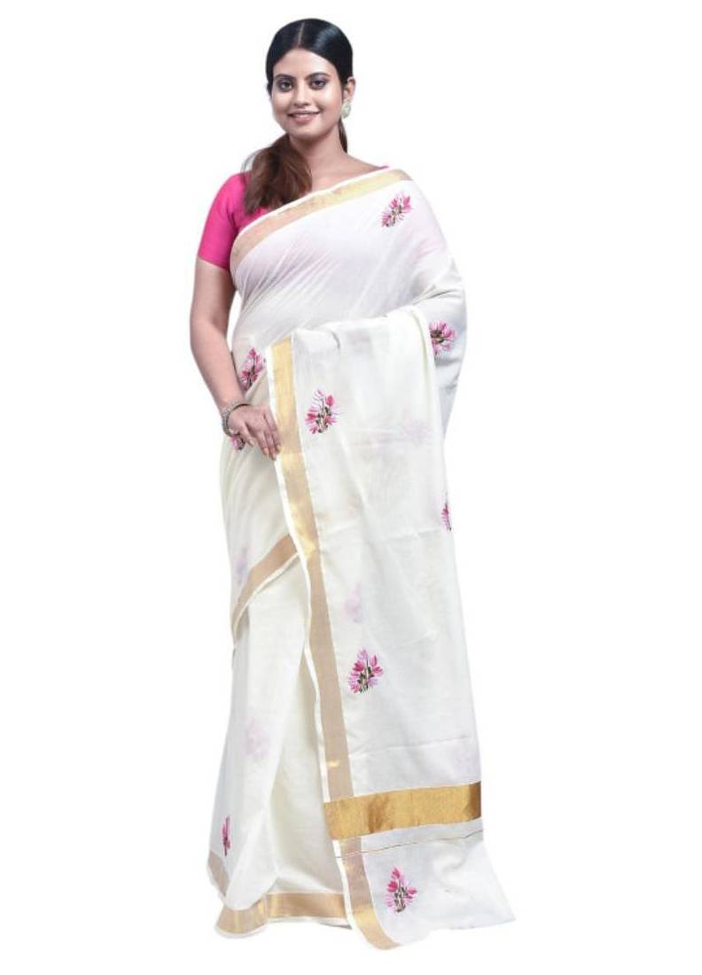 White kerala cotton flower design hand embroidery tulip saree