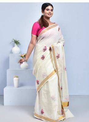 white hand embroidery cotton kerala saree 2