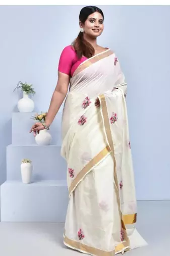 White kerala cotton flower design hand embroidery tulip saree