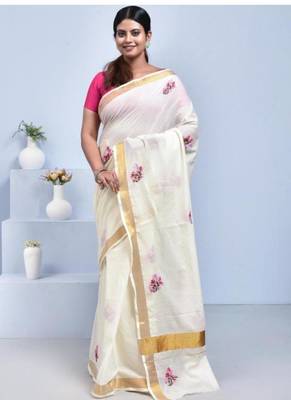 white hand embroidery cotton kerala saree 4
