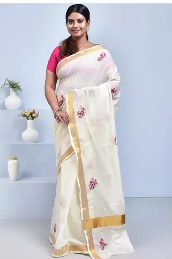 White kerala cotton flower design hand embroidery tulip saree