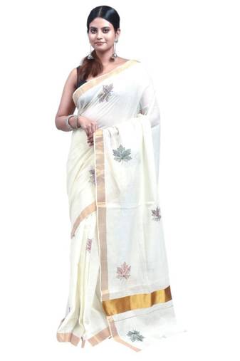 off white kasavu saree with hand embroidered maple leaf design